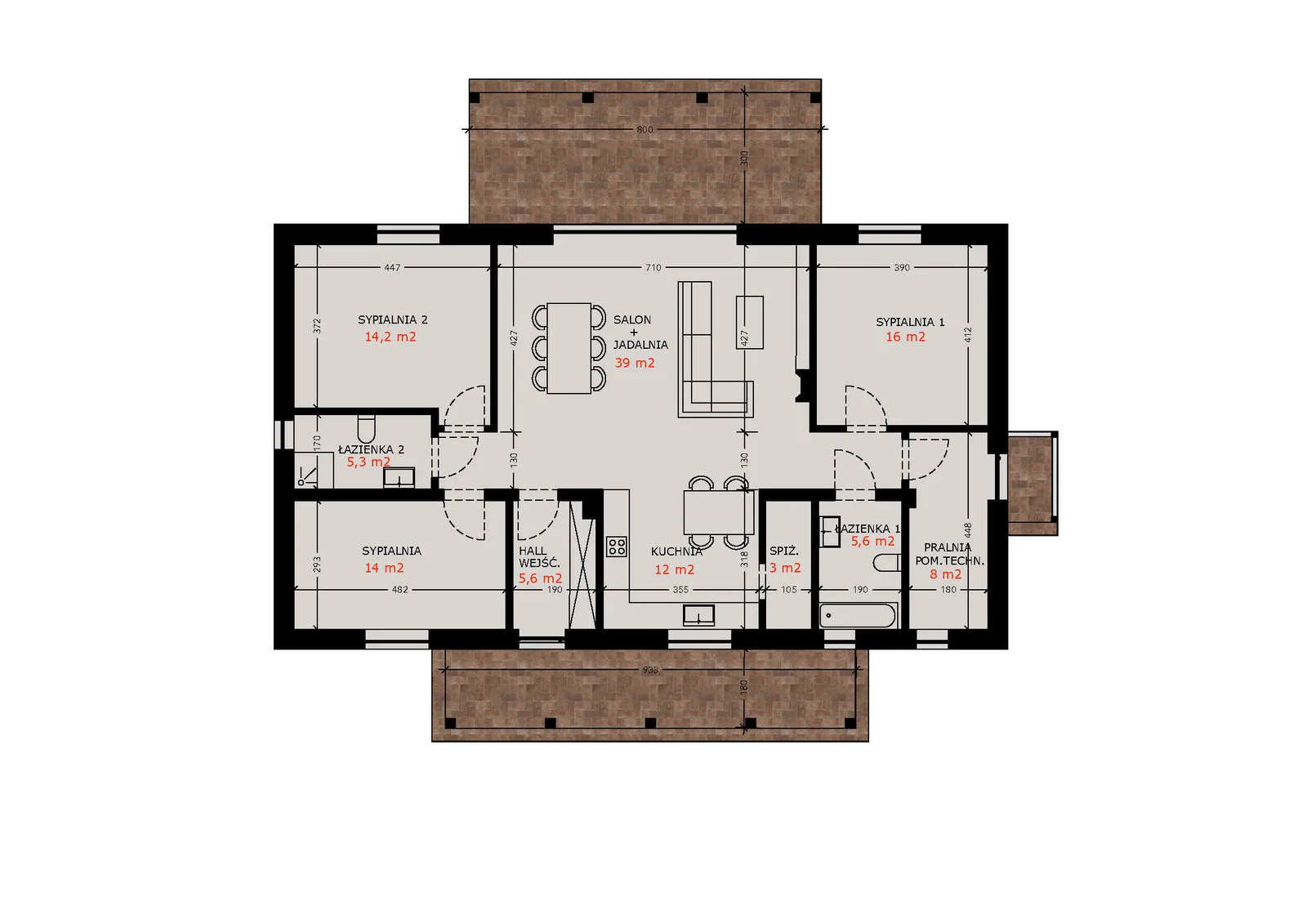 Rzut kondygnacji - Projekt domu Parterowy Klasyczny 130 130 m² - dom z werandą w stylu amerykańskim