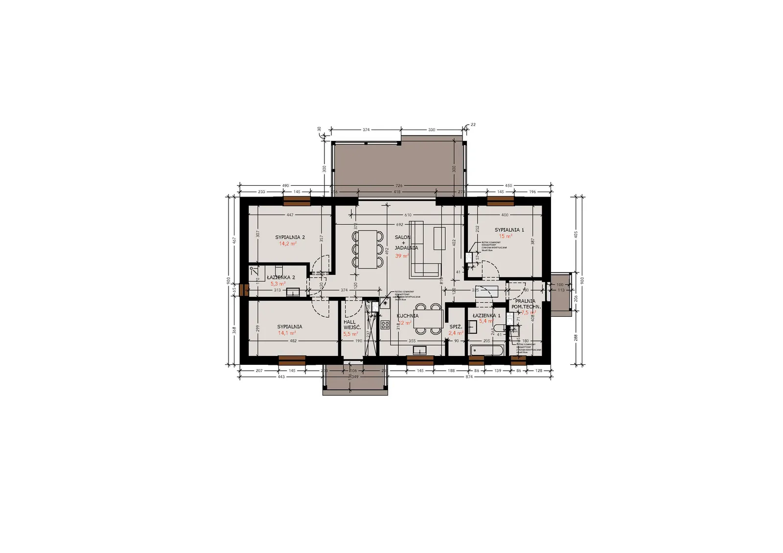 Rzut kondygnacji - Projekt domu Uroczy Komfort 130 130 m² - dom z werandą w stylu amerykańskim