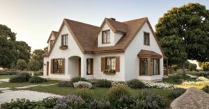 Rodzinny dom z garażem i zadaszonym tarasem dachówka front Rodzinny dom z garażem i zadaszonym tarasem dachówka front