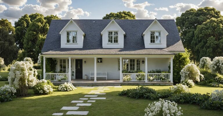 dom parterowy z tarasem i werandą w stylu amerykańskim