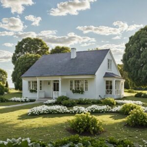 Uroczy – domek parterowy z poddaszem i tarasem w stylu White Porch, widok frontowy