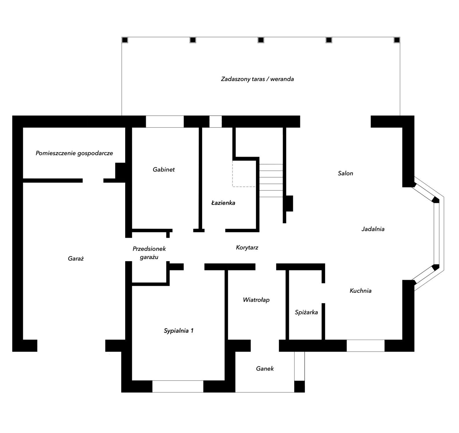 Rzut parteru domu Uroczy z poddaszem White Porch Rzut parteru domu Uroczy z poddaszem White Porch – projekt domu parterowego z poddaszem