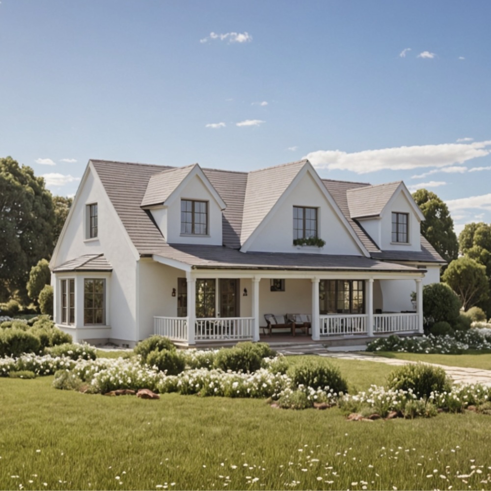 Biały dom z ogrodem i tarasem.