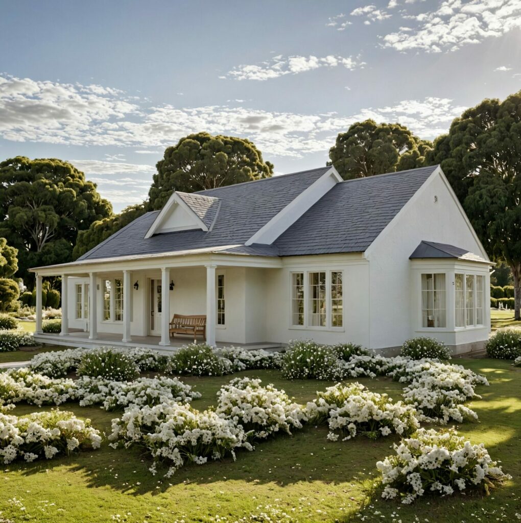 Biały dom otoczony kwiatami i drzewami.
